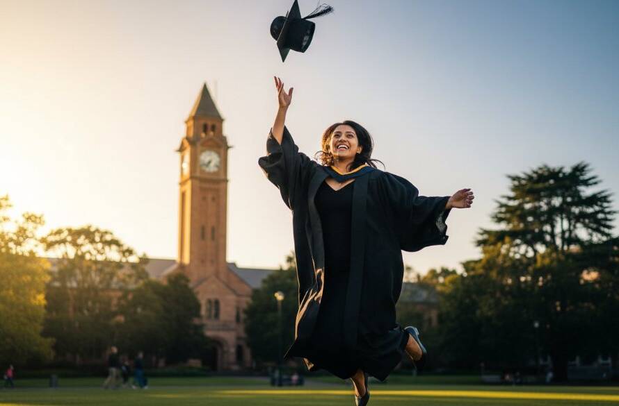 A jubilant graduate in academic regalia, mid-air with their cap tossed, celebrating their Burwood Victoria graduation photography memorable moments against a sun-drenched, slightly blurred backdrop of the iconic Deakin University clock tower. Professional, colour-graded, cinematic style.