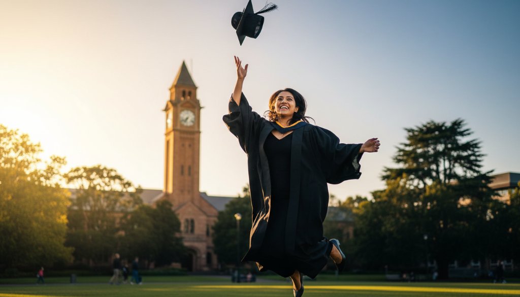 A jubilant graduate in academic regalia, mid-air with their cap tossed, celebrating their Burwood Victoria graduation photography memorable moments against a sun-drenched, slightly blurred backdrop of the iconic Deakin University clock tower. Professional, colour-graded, cinematic style.