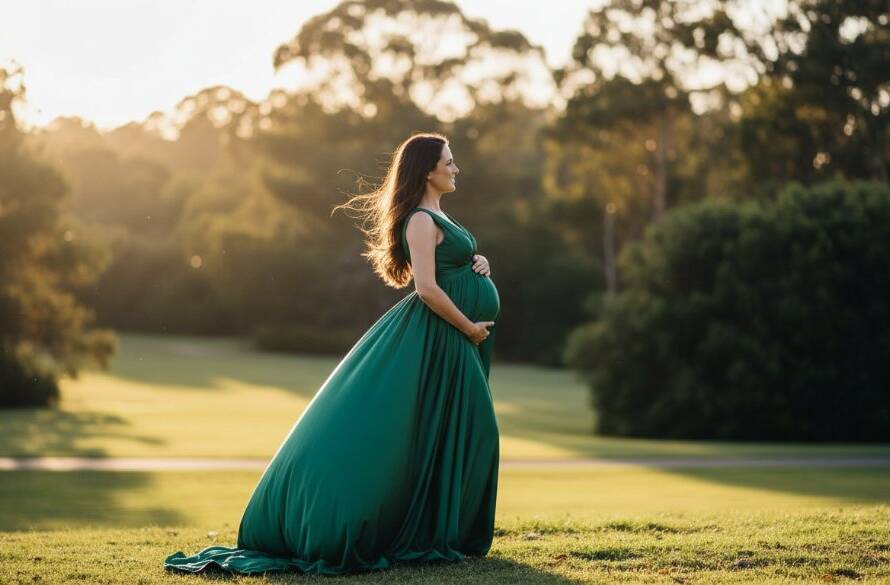 A glowing mother-to-be, adorned in a flowing gown, standing majestically against a dramatic sunset over a Burwood park, capturing the essence of Burwood Victoria maternity photography artistic portraits, with soft, golden light highlighting her silhouette.