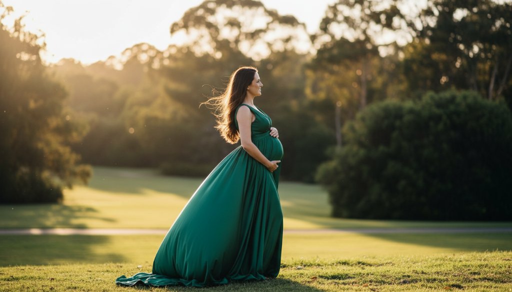 A glowing mother-to-be, adorned in a flowing gown, standing majestically against a dramatic sunset over a Burwood park, capturing the essence of Burwood Victoria maternity photography artistic portraits, with soft, golden light highlighting her silhouette.