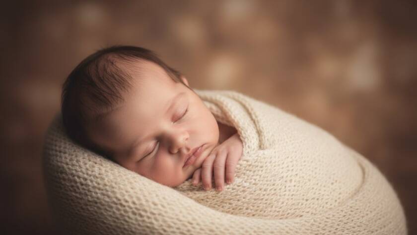 A tender and ethereal close-up of a newborn baby's tiny hands gently curled, bathed in soft, warm light, creating Burwood Victoria newborn photography timeless portraits. The baby is swaddled in a delicate cream fabric, hinting at serene comfort.