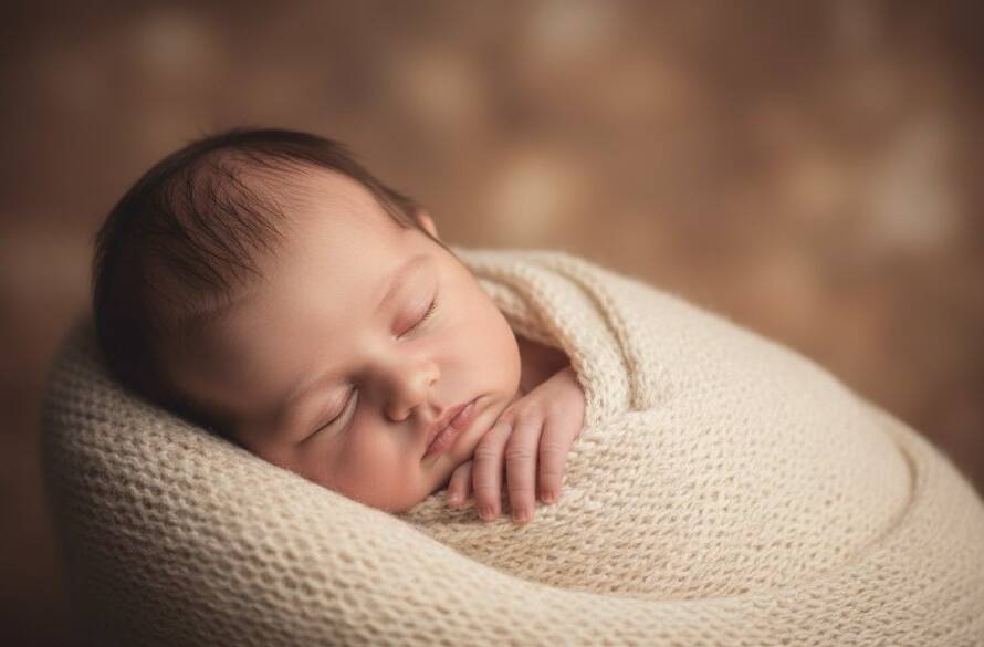 A tender and ethereal close-up of a newborn baby's tiny hands gently curled, bathed in soft, warm light, creating Burwood Victoria newborn photography timeless portraits. The baby is swaddled in a delicate cream fabric, hinting at serene comfort.