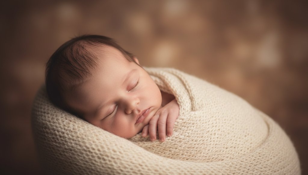 A tender and ethereal close-up of a newborn baby's tiny hands gently curled, bathed in soft, warm light, creating Burwood Victoria newborn photography timeless portraits. The baby is swaddled in a delicate cream fabric, hinting at serene comfort.