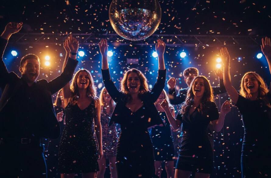 An epic moment of pure joy at a lively Burwood party, with guests dancing amidst a cascade of colourful confetti, expertly captured by Burwood Victoria party photography capturing candid joy, showcasing dynamic motion and vibrant celebration.