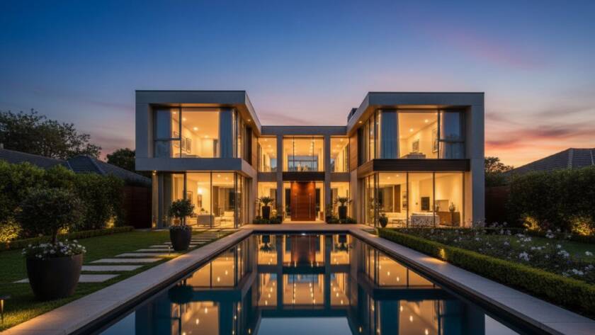 An epic wide-angle shot of a luxurious modern home in Burwood Victoria, bathed in golden hour light, showcasing professional Burwood Victoria real estate photography elevation, with a perfectly manicured garden and a clear blue sky, emphasizing its grand appeal and desirability.