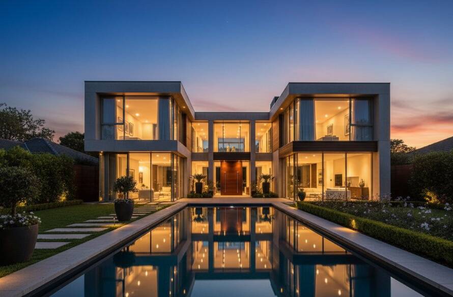 An epic wide-angle shot of a luxurious modern home in Burwood Victoria, bathed in golden hour light, showcasing professional Burwood Victoria real estate photography elevation, with a perfectly manicured garden and a clear blue sky, emphasizing its grand appeal and desirability.