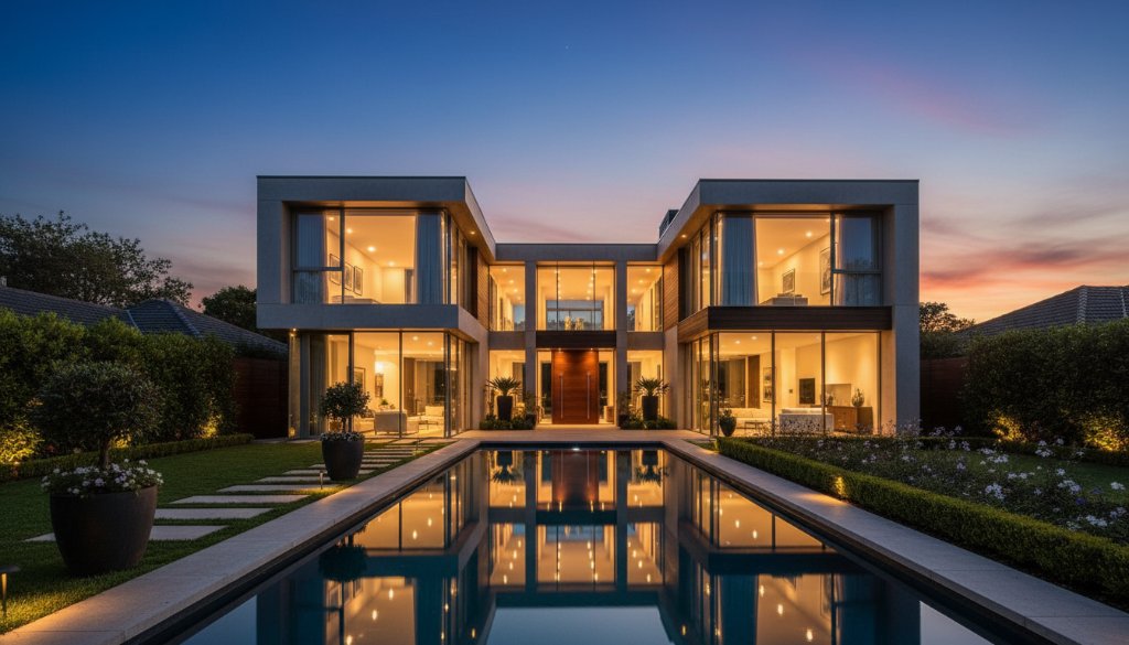An epic wide-angle shot of a luxurious modern home in Burwood Victoria, bathed in golden hour light, showcasing professional Burwood Victoria real estate photography elevation, with a perfectly manicured garden and a clear blue sky, emphasizing its grand appeal and desirability.