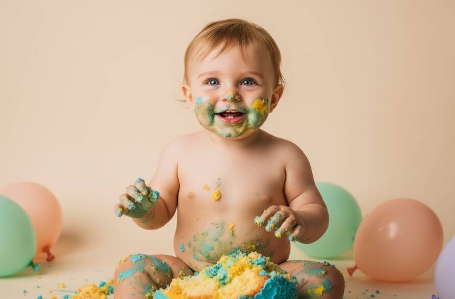 A vibrant and joyful close-up photograph of a baby in Cairnlea during a cake smash session, hands covered in colourful frosting, eyes wide with delight, amidst scattered cake debris and balloons, with soft, golden hour lighting creating a magical glow, capturing the pure, unadulterated excitement of their first birthday.