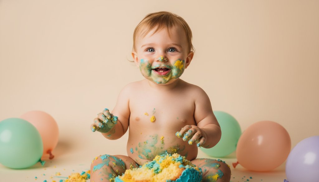 A vibrant and joyful close-up photograph of a baby in Cairnlea during a cake smash session, hands covered in colourful frosting, eyes wide with delight, amidst scattered cake debris and balloons, with soft, golden hour lighting creating a magical glow, capturing the pure, unadulterated excitement of their first birthday.