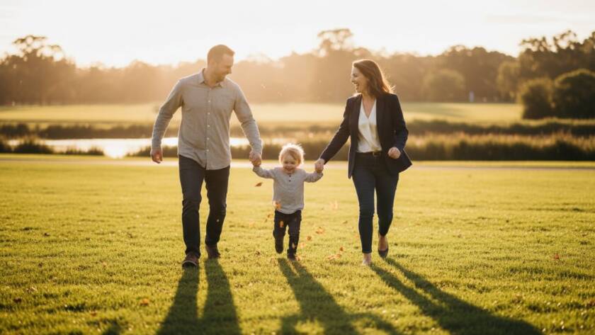 A heartwarming and dynamic family moment captured in Cairnlea candid family photography authentic moments, showing parents laughing with their child running through a sunlit park, leaves flying, with dramatic golden hour backlighting and professional colour grading.