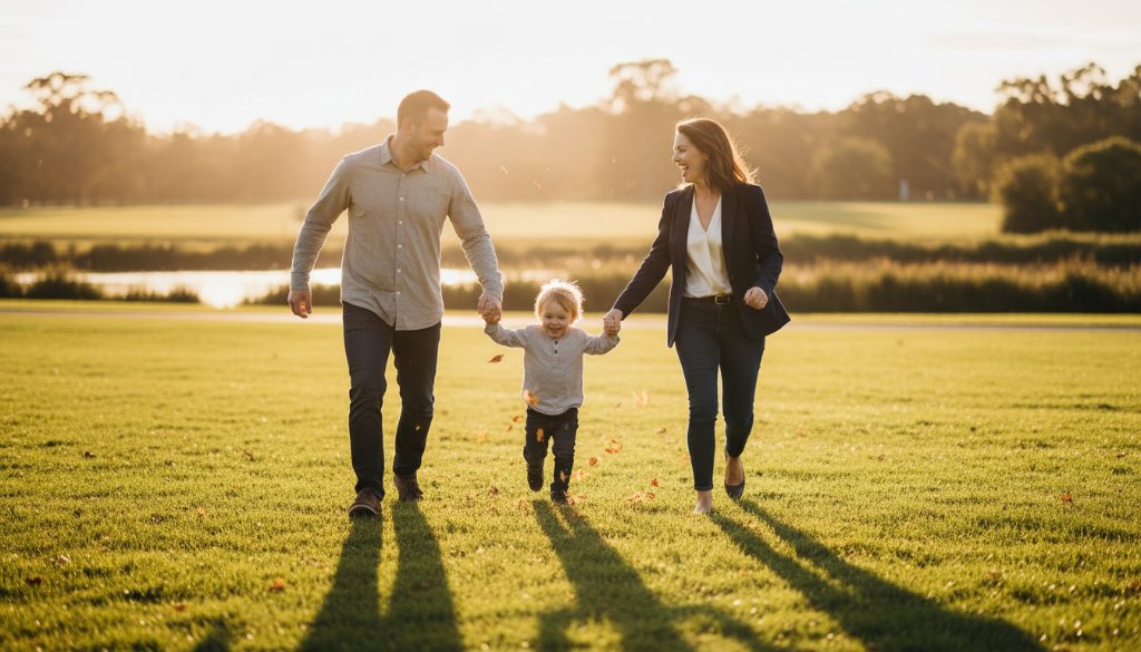 A heartwarming and dynamic family moment captured in Cairnlea candid family photography authentic moments, showing parents laughing with their child running through a sunlit park, leaves flying, with dramatic golden hour backlighting and professional colour grading.