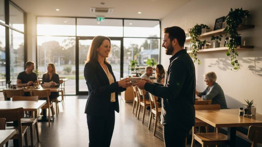 Dynamic wide-angle shot showcasing the profound impact of professional Cairnlea commercial photography brand elevation, featuring a modern retail space in Cairnlea bathed in golden hour light, customers interacting joyfully, and a business owner proudly looking on. The scene is vibrant, capturing genuine engagement and success.