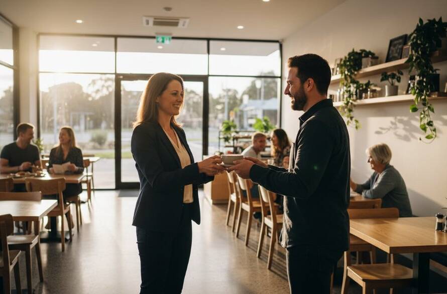 Dynamic wide-angle shot showcasing the profound impact of professional Cairnlea commercial photography brand elevation, featuring a modern retail space in Cairnlea bathed in golden hour light, customers interacting joyfully, and a business owner proudly looking on. The scene is vibrant, capturing genuine engagement and success.