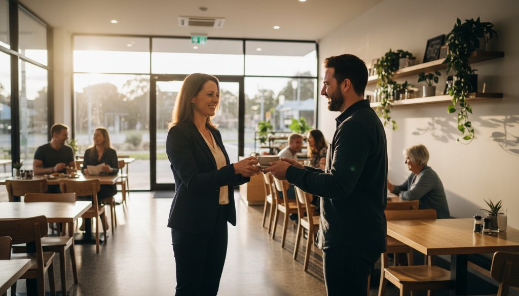 Dynamic wide-angle shot showcasing the profound impact of professional Cairnlea commercial photography brand elevation, featuring a modern retail space in Cairnlea bathed in golden hour light, customers interacting joyfully, and a business owner proudly looking on. The scene is vibrant, capturing genuine engagement and success.