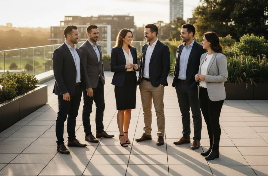 Dynamic group portrait showcasing a diverse team of professionals in a modern Cairnlea business setting, reflecting the excellence of Cairnlea Corporate Photography for Melbourne Businesses, captured with dramatic, natural lighting and a warm, inviting atmosphere.