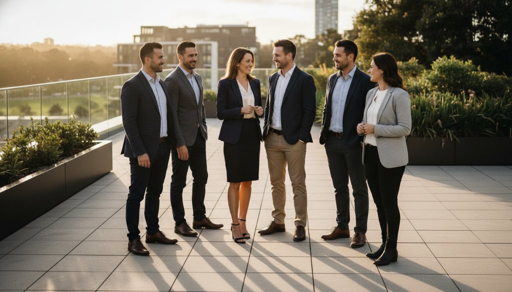 Dynamic group portrait showcasing a diverse team of professionals in a modern Cairnlea business setting, reflecting the excellence of Cairnlea Corporate Photography for Melbourne Businesses, captured with dramatic, natural lighting and a warm, inviting atmosphere.