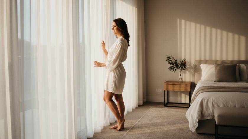 A stunning and emotionally resonant photograph capturing the essence of a Cairnlea Empowering Boudoir Photography Experience, featuring a confident woman bathed in soft, dramatic window light, showcasing her silhouette and elegant form against a luxurious backdrop.