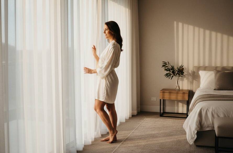 A stunning and emotionally resonant photograph capturing the essence of a Cairnlea Empowering Boudoir Photography Experience, featuring a confident woman bathed in soft, dramatic window light, showcasing her silhouette and elegant form against a luxurious backdrop.