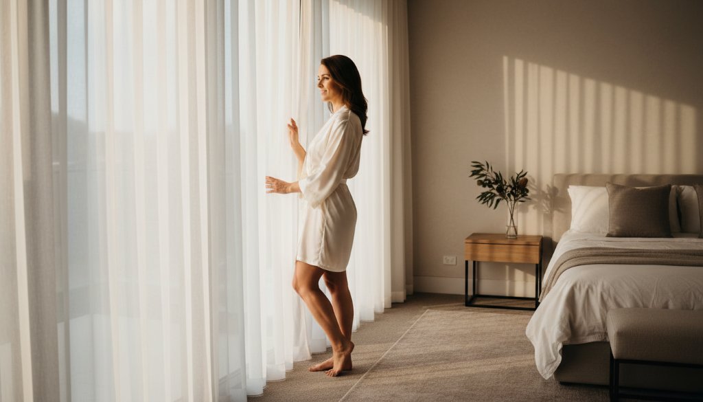 A stunning and emotionally resonant photograph capturing the essence of a Cairnlea Empowering Boudoir Photography Experience, featuring a confident woman bathed in soft, dramatic window light, showcasing her silhouette and elegant form against a luxurious backdrop.