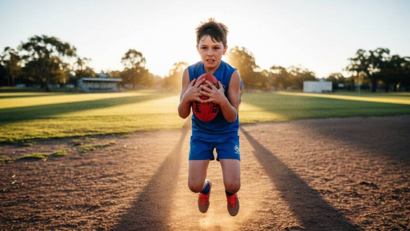 Dynamic Cairnlea junior sports photography action shots of a young athlete scoring a goal, captured mid-air under dramatic stadium lights, showcasing pure joy and determination.