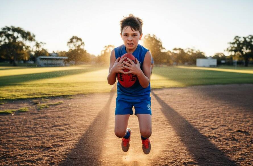 Dynamic Cairnlea junior sports photography action shots of a young athlete scoring a goal, captured mid-air under dramatic stadium lights, showcasing pure joy and determination.