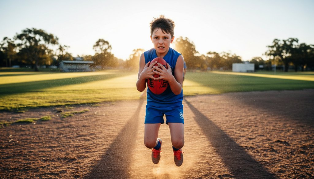 Dynamic Cairnlea junior sports photography action shots of a young athlete scoring a goal, captured mid-air under dramatic stadium lights, showcasing pure joy and determination.