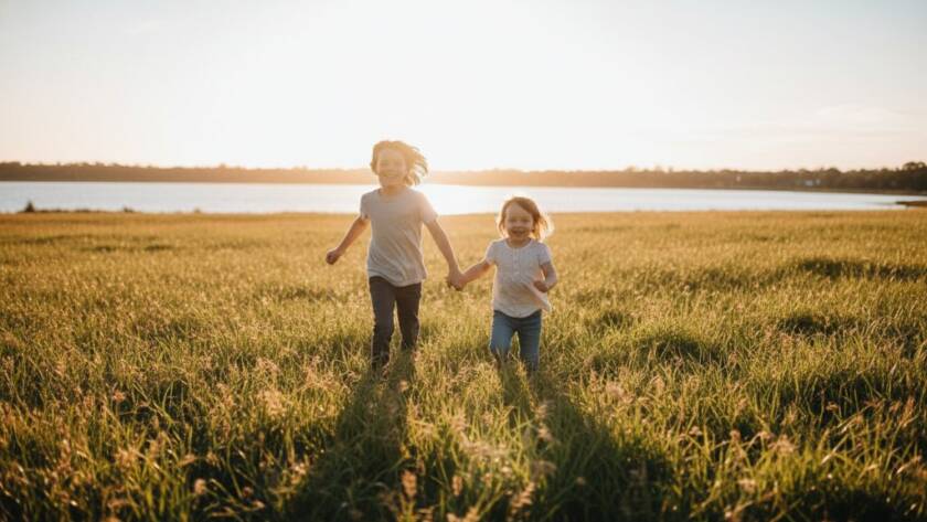 A vibrant, professionally color-graded wide-angle photograph showcasing Cairnlea kids photography capturing genuine joy, featuring two young children running freely through the sun-drenched green fields of Cairnlea, Victoria, their laughter echoing, with soft golden hour light creating a dreamlike halo around them, capturing an authentic, epic moment of pure childhood bliss.