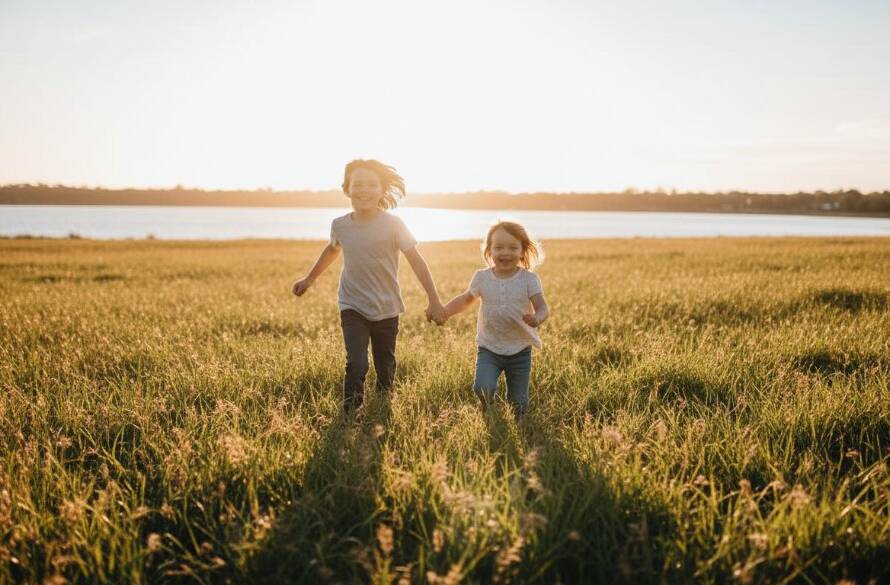 A vibrant, professionally color-graded wide-angle photograph showcasing Cairnlea kids photography capturing genuine joy, featuring two young children running freely through the sun-drenched green fields of Cairnlea, Victoria, their laughter echoing, with soft golden hour light creating a dreamlike halo around them, capturing an authentic, epic moment of pure childhood bliss.