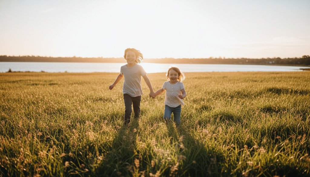 A vibrant, professionally color-graded wide-angle photograph showcasing Cairnlea kids photography capturing genuine joy, featuring two young children running freely through the sun-drenched green fields of Cairnlea, Victoria, their laughter echoing, with soft golden hour light creating a dreamlike halo around them, capturing an authentic, epic moment of pure childhood bliss.