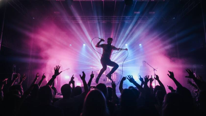 A dramatic wide shot showcasing Cairnlea live music photography raw energy, with a lead guitarist in mid-air during an intense solo, bathed in vibrant stage lights, capturing the electrifying atmosphere of a local concert.