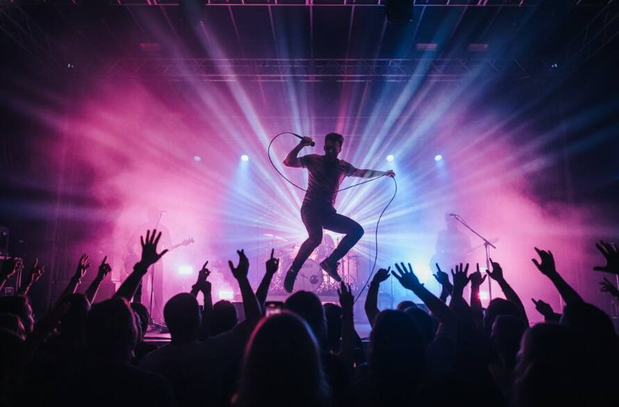 A dramatic wide shot showcasing Cairnlea live music photography raw energy, with a lead guitarist in mid-air during an intense solo, bathed in vibrant stage lights, capturing the electrifying atmosphere of a local concert.