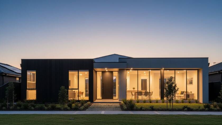 Dramatic twilight shot showcasing a meticulously designed modern residential home in Cairnlea, Victoria, emphasizing clean lines and ambient interior lighting, exemplifying expert Cairnlea modern residential architecture photography.