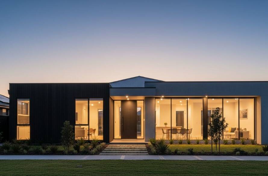 Dramatic twilight shot showcasing a meticulously designed modern residential home in Cairnlea, Victoria, emphasizing clean lines and ambient interior lighting, exemplifying expert Cairnlea modern residential architecture photography.