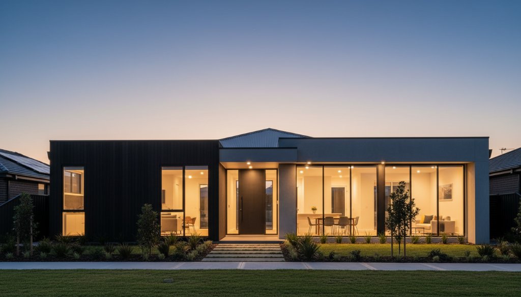 Dramatic twilight shot showcasing a meticulously designed modern residential home in Cairnlea, Victoria, emphasizing clean lines and ambient interior lighting, exemplifying expert Cairnlea modern residential architecture photography.