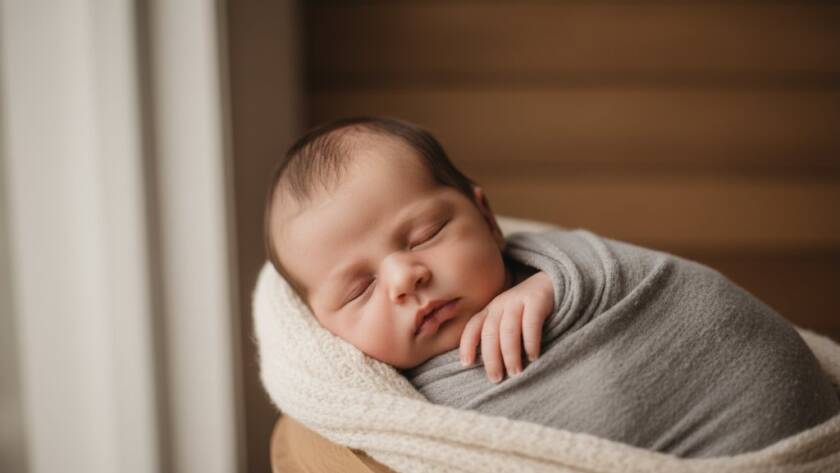 A serene and emotionally powerful close-up of a newborn baby swaddled in soft, earthy tones, gently held in a parent's hands, set against a blurred Cairnlea home backdrop, illustrating expert Cairnlea newborn photography capturing precious first memories with dramatic, soft window light.
