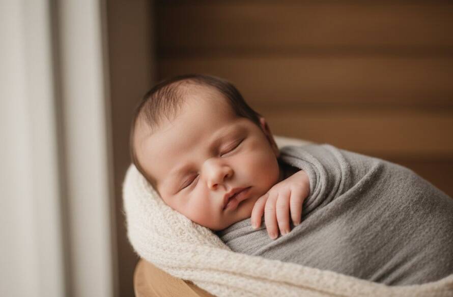 A serene and emotionally powerful close-up of a newborn baby swaddled in soft, earthy tones, gently held in a parent's hands, set against a blurred Cairnlea home backdrop, illustrating expert Cairnlea newborn photography capturing precious first memories with dramatic, soft window light.