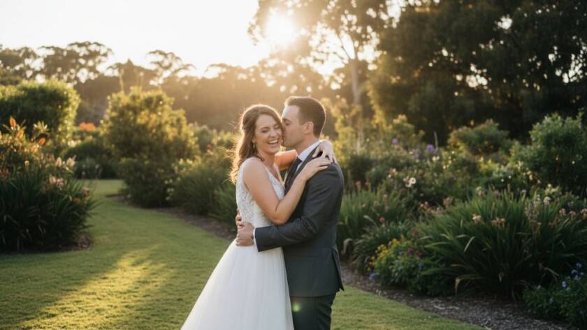 An epic moment of a newlywed couple embracing passionately amidst a vibrant, sun-drenched garden in Cairnlea, perfectly showcasing Cairnlea outdoor wedding photography natural light with dramatic backlighting and soft bokeh, conveying timeless joy.