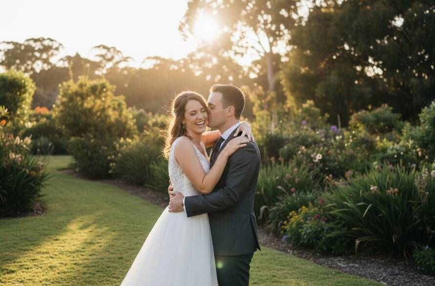 An epic moment of a newlywed couple embracing passionately amidst a vibrant, sun-drenched garden in Cairnlea, perfectly showcasing Cairnlea outdoor wedding photography natural light with dramatic backlighting and soft bokeh, conveying timeless joy.