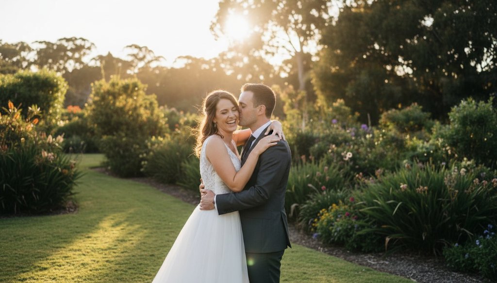 An epic moment of a newlywed couple embracing passionately amidst a vibrant, sun-drenched garden in Cairnlea, perfectly showcasing Cairnlea outdoor wedding photography natural light with dramatic backlighting and soft bokeh, conveying timeless joy.