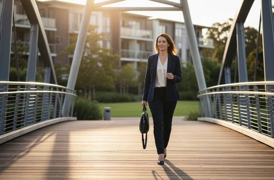 A confident female entrepreneur, elegantly dressed in a tailored blazer, captured in a dynamic outdoor Cairnlea personal branding photography for local entrepreneurs shot. She stands powerfully against a backdrop of a modern architectural building in Cairnlea, with golden hour sunlight dramatically backlighting her, creating a powerful silhouette and a sense of forward momentum. The composition is cinematic, focusing on her determined expression and the professional yet approachable vibe. This epic moment photograph embodies success and local connection.