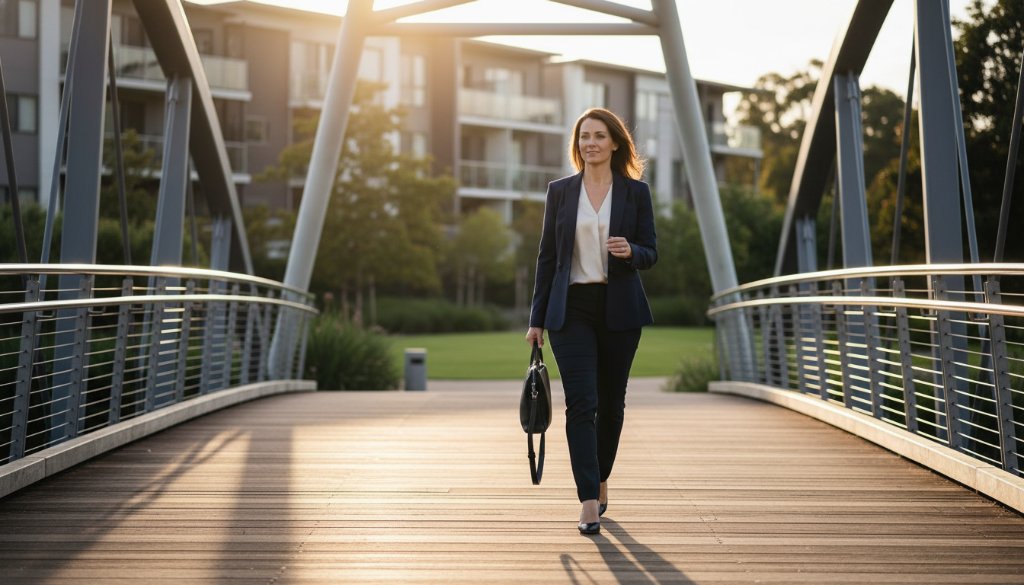A confident female entrepreneur, elegantly dressed in a tailored blazer, captured in a dynamic outdoor Cairnlea personal branding photography for local entrepreneurs shot. She stands powerfully against a backdrop of a modern architectural building in Cairnlea, with golden hour sunlight dramatically backlighting her, creating a powerful silhouette and a sense of forward momentum. The composition is cinematic, focusing on her determined expression and the professional yet approachable vibe. This epic moment photograph embodies success and local connection.