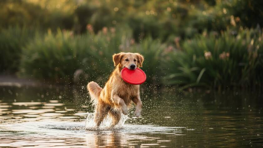 An epic moment captured in Cairnlea pet photography captures joyful pet portraits, featuring a golden retriever mid-leap, fetching a frisbee at Cairnlea Lake, bathed in warm golden hour light with vibrant green surroundings, showcasing pure canine joy and dynamic action.