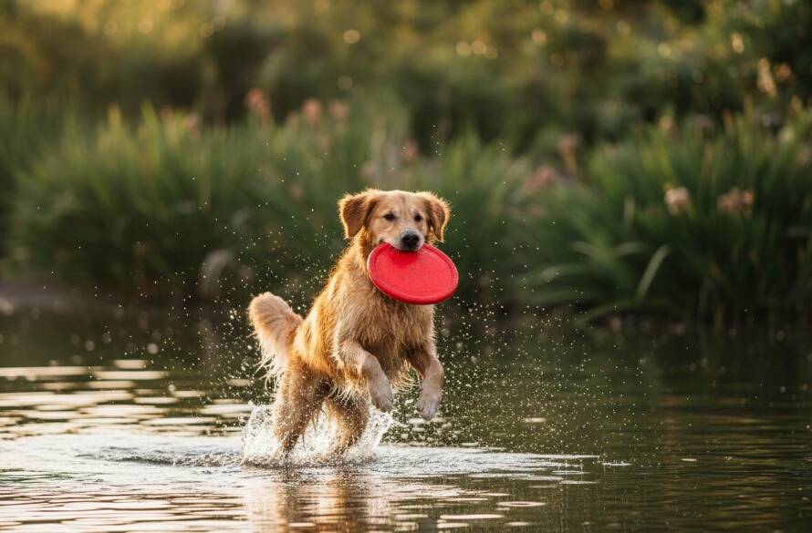 An epic moment captured in Cairnlea pet photography captures joyful pet portraits, featuring a golden retriever mid-leap, fetching a frisbee at Cairnlea Lake, bathed in warm golden hour light with vibrant green surroundings, showcasing pure canine joy and dynamic action.