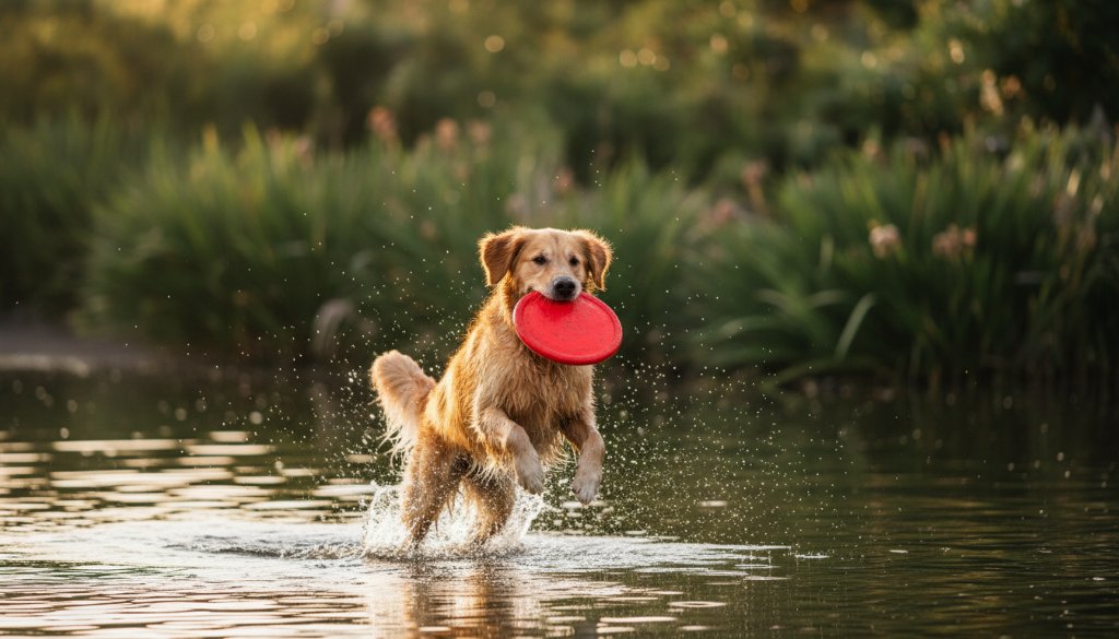 An epic moment captured in Cairnlea pet photography captures joyful pet portraits, featuring a golden retriever mid-leap, fetching a frisbee at Cairnlea Lake, bathed in warm golden hour light with vibrant green surroundings, showcasing pure canine joy and dynamic action.