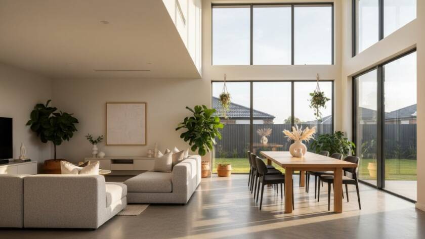 An epic moment captured in Cairnlea property photography elevating listings, showcasing a modern, light-filled living room in a Cairnlea home at sunset, with golden hour light streaming through large windows, highlighting luxurious textures and a sense of spaciousness, designed to attract premium buyers.