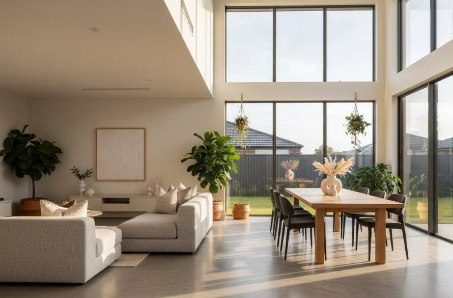 An epic moment captured in Cairnlea property photography elevating listings, showcasing a modern, light-filled living room in a Cairnlea home at sunset, with golden hour light streaming through large windows, highlighting luxurious textures and a sense of spaciousness, designed to attract premium buyers.