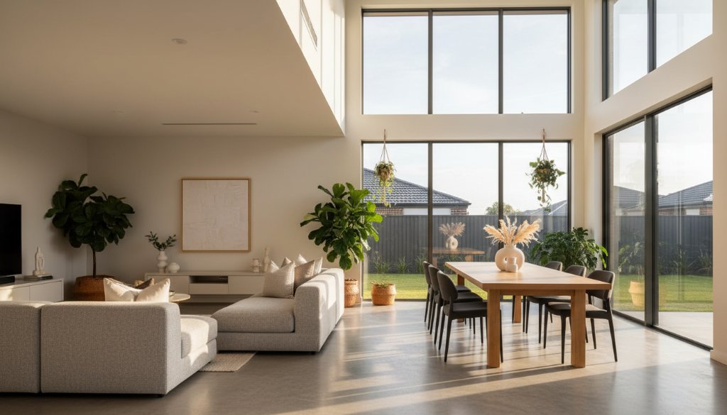 An epic moment captured in Cairnlea property photography elevating listings, showcasing a modern, light-filled living room in a Cairnlea home at sunset, with golden hour light streaming through large windows, highlighting luxurious textures and a sense of spaciousness, designed to attract premium buyers.