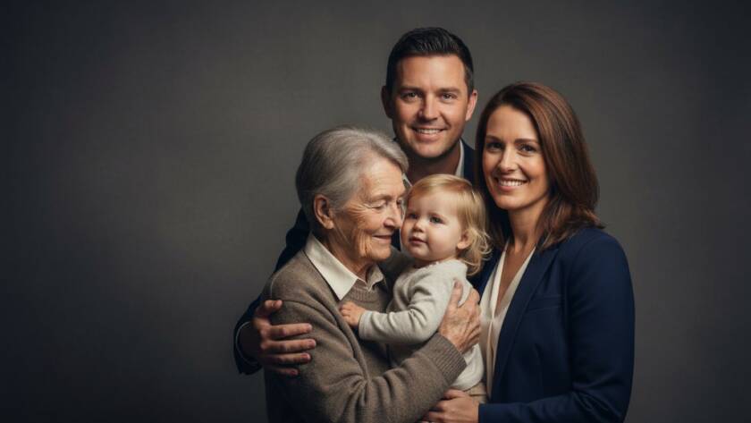 An emotionally resonant, professionally color-graded studio portrait showing a multi-generational Cairnlea Victoria bespoke studio portrait photography session, with soft, dramatic lighting highlighting the connection between family members, creating a timeless, epic moment.