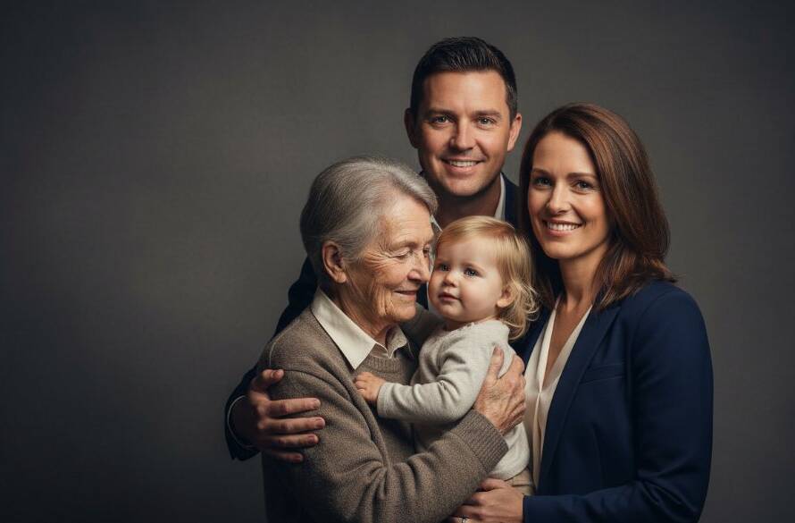 An emotionally resonant, professionally color-graded studio portrait showing a multi-generational Cairnlea Victoria bespoke studio portrait photography session, with soft, dramatic lighting highlighting the connection between family members, creating a timeless, epic moment.