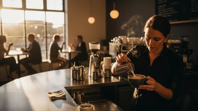 Dynamic professional Camberwell Advertising Photography to Elevate Local Brands showing a local cafe owner proudly presenting a freshly brewed coffee, bathed in warm morning light, capturing the essence of their brand in Camberwell.